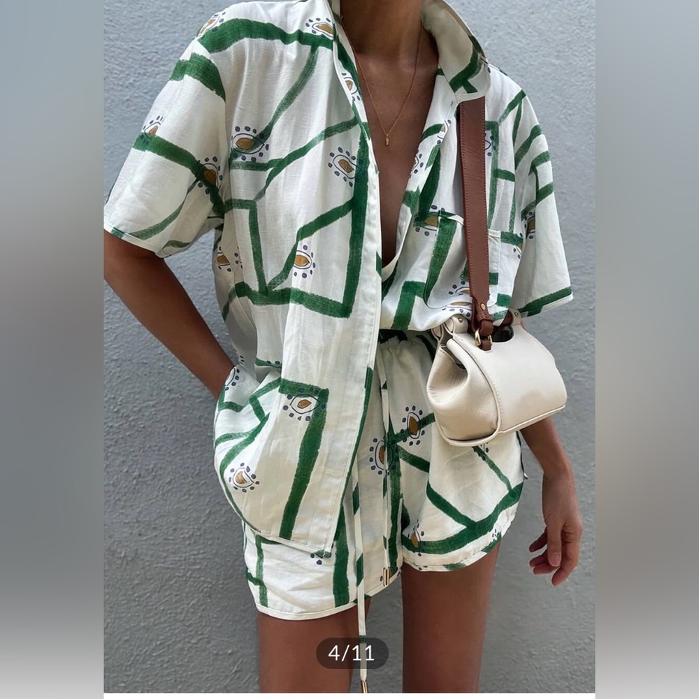 Commense Cream and Green Printed Two-Piece Set